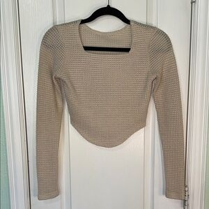 Beige Textured Long Sleeve Crop Top